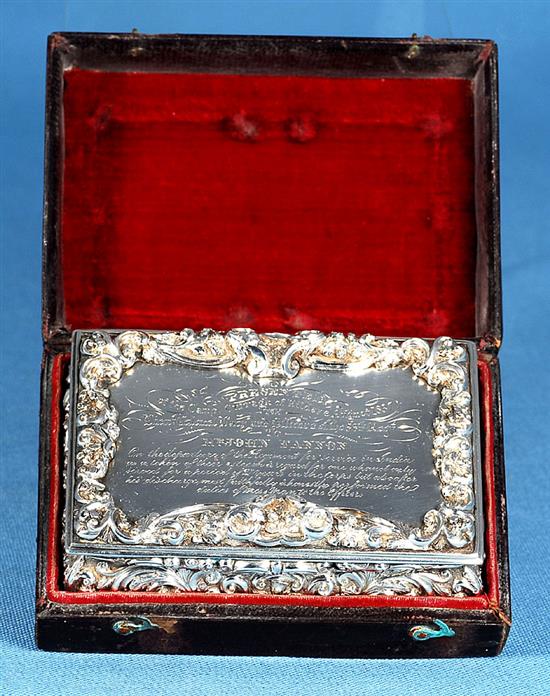 An early Victorian silver presentation table snuff box in original fitted case, Length 4”/100 mm Width 66mm Weight 6.8oz/195grms